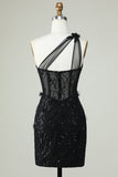 Bodycon One Shoulder Corset Little Black Dress with Appliques