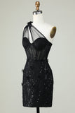 Bodycon One Shoulder Corset Little Black Dress with Appliques