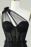 Bodycon One Shoulder Corset Little Black Dress with Appliques