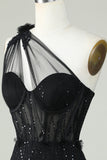 Bodycon One Shoulder Corset Little Black Dress with Appliques