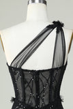 Bodycon One Shoulder Corset Little Black Dress with Appliques