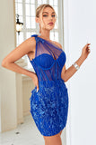 Bodycon One Shoulder Corset Little Black Dress with Appliques