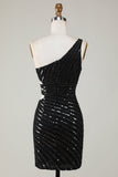Sparkly Bodycon One Shoulder Sequins Little Black Dress