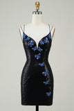 Glitter Tight Little Black Dress with Sequins Butterflies