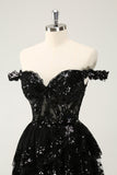 Sparkly A Line Off The Shoulder Corset Lace Little Black Dress