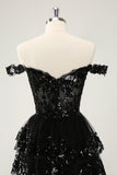 Sparkly A Line Off The Shoulder Corset Lace Little Black Dress