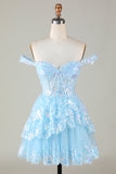 Cute Sparkly Hot Pink A Line Tiered Corset Lace Short Graduation Dress