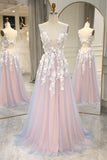 Grey Pink Tulle A Line Princess Prom Dress with Appliques