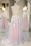 Grey Pink Tulle A Line Princess Prom Dress with Appliques