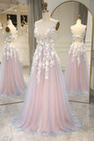Grey Pink Tulle A Line Princess Prom Dress with Appliques