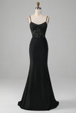 Mermaid Spaghetti Straps Black Corset Prom Dress With Appliques