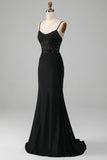 Black Mermaid Lace Up Back Corset Long Prom Dress With Appliques