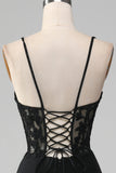 Black Mermaid Lace Up Back Corset Long Prom Dress With Appliques