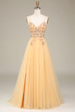 Golden Tulle A Line Corset Prom Dress with Beading