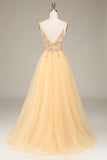 Golden Tulle A Line Corset Prom Dress with Beading