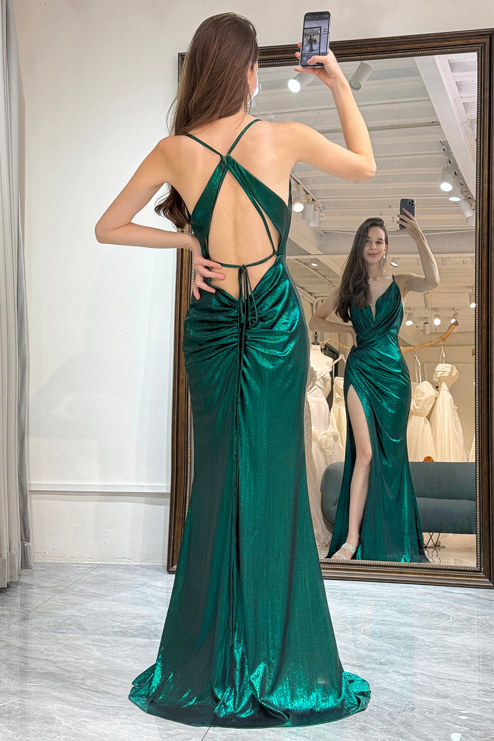 Wedtrend Women Dark Green Glitter Mermaid Prom Dress with Slit