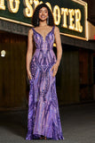Sparkly Mermaid V Neck Dark Purple Sequins Long Prom Dress with Open Back
