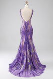 Sparkly Mermaid V Neck Dark Purple Sequins Long Prom Dress with Open Back