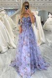Off the Shoulder Lavender Floral Printed Prom Dress with Pleated