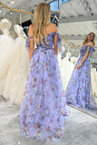 Off the Shoulder Lavender Floral Printed Prom Dress with Pleated