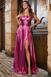 Golden A-Line Spaghetti Straps Pleated Sparkly Prom Dress with Slit