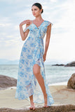 White Blue Flower A-Line Cold Shoulder Chiffon Midi Bridesmaid Dress with Slit