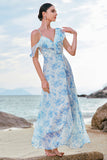 White Blue Flower A-Line Cold Shoulder Chiffon Midi Bridesmaid Dress with Slit
