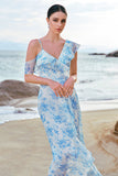 White Blue Flower A-Line Cold Shoulder Chiffon Midi Bridesmaid Dress with Slit