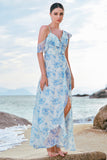 White Blue Flower A-Line Cold Shoulder Chiffon Midi Bridesmaid Dress with Slit