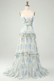 White Blue Flower A Line Tulle Maxi Dress with Ruffles