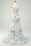 White Blue Flower A Line Tulle Maxi Dress with Ruffles