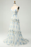 White Blue Flower A Line Tulle Maxi Dress with Ruffles