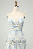 White Blue Flower A Line Tulle Maxi Dress with Ruffles