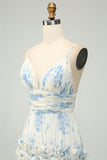 White Blue Flower A Line Tulle Maxi Dress with Ruffles