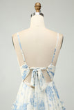 White Blue Flower A Line Tulle Maxi Dress with Ruffles