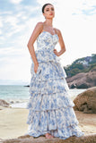 White Purple Flower A-Line Spaghetti Straps Tiered Corset Long Bridesmaid Dress