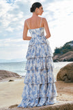 White Purple Flower A-Line Spaghetti Straps Tiered Corset Long Bridesmaid Dress