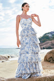 White Purple Flower A-Line Spaghetti Straps Tiered Corset Long Bridesmaid Dress