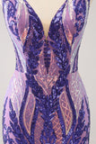 Sparkly Dark Purple Sequined Tight V Neck Graduation Dress