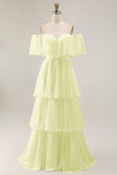 Dark Green Off The Shoulder Tiered A Line Long Bridesmaid Dress