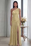 Gold One Shoulder Ruched A Line Evening Dress