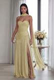 Strapless Ruched A Line Dusty Sage Evening Dress with Slit
