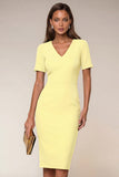 Navy V-Neck Pencil Short Sleeve Knee-Length Work Dress With Back Slit
