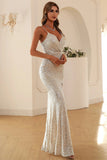 Silver Sequins Long Formal Dress with Slit