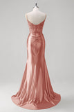 Green Mermaid Pleated Corset Beaded Long Prom Dress with Slit