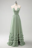 Dusty Sage Halter A-Line Corset Chiffon Maxi Bridesmaid Dress with Slit
