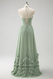 Dusty Sage Halter A-Line Corset Chiffon Maxi Bridesmaid Dress with Slit