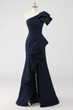 One Shoulder Navy Ruffled Mermaid Formal Dress