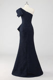 One Shoulder Navy Ruffled Mermaid Formal Dress