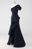 One Shoulder Navy Ruffled Mermaid Formal Dress